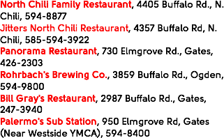 North Chili Family Restaurant, 4405 Buffalo Rd., N. Chili, 594-8877
Jitters North Chili Restaurant, 4357 Buffalo Rd, N. Chili, 585-594-3922
Panorama Restaurant, 730 Elmgrove Rd., Gates, 426-2303
Rohrbach's Brewing Co., 3859 Buffalo Rd., Ogden, 594-9800
Bill Gray's Restaurant, 2987 Buffalo Rd., Gates, 247-3940
Palermo's Sub Station, 950 Elmgrove Rd, Gates (Near Westside YMCA), 594-8400
